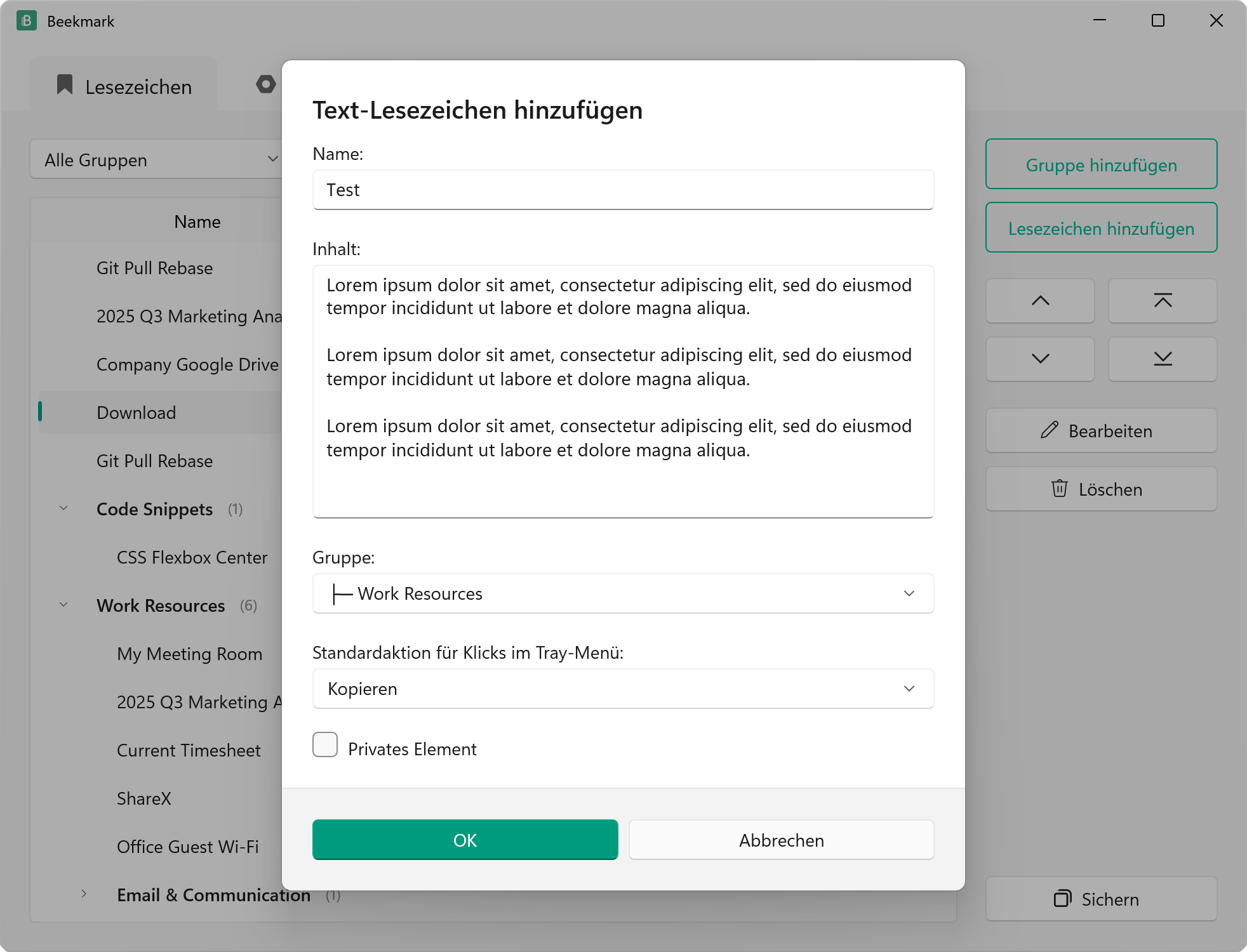 Text-Lesezeichen Hinzufügen