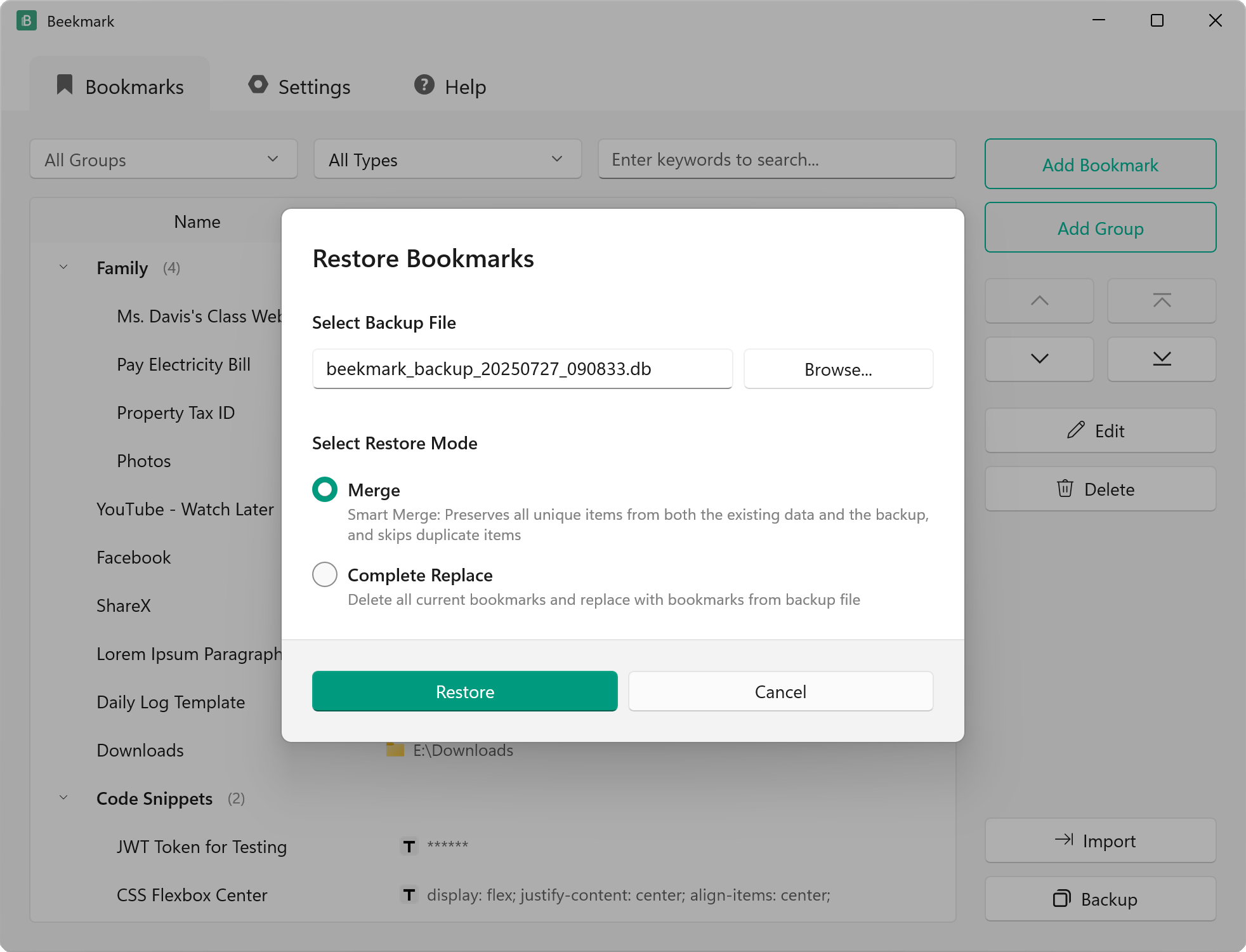 Restore Bookmarks