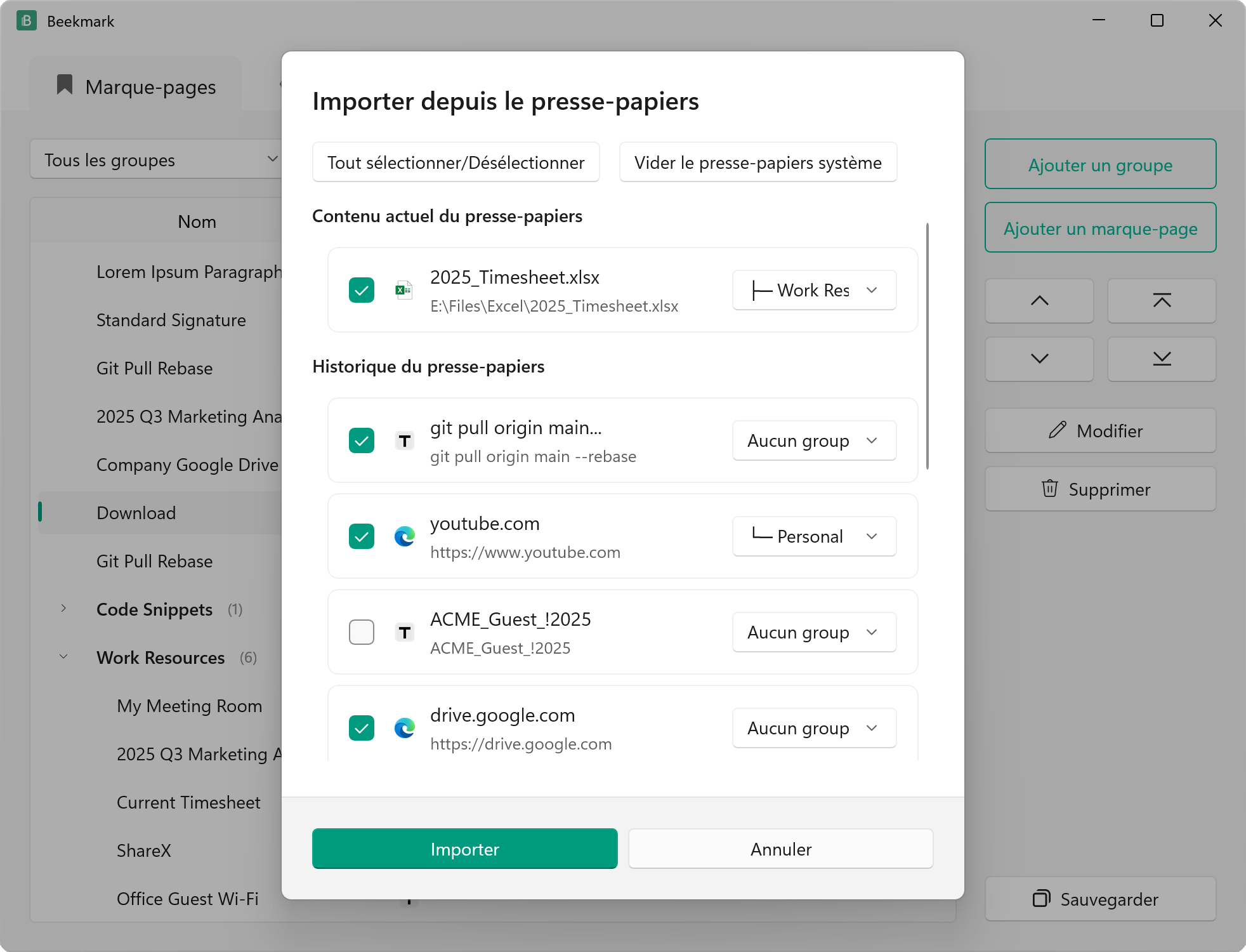 Importer depuis le Presse-papiers