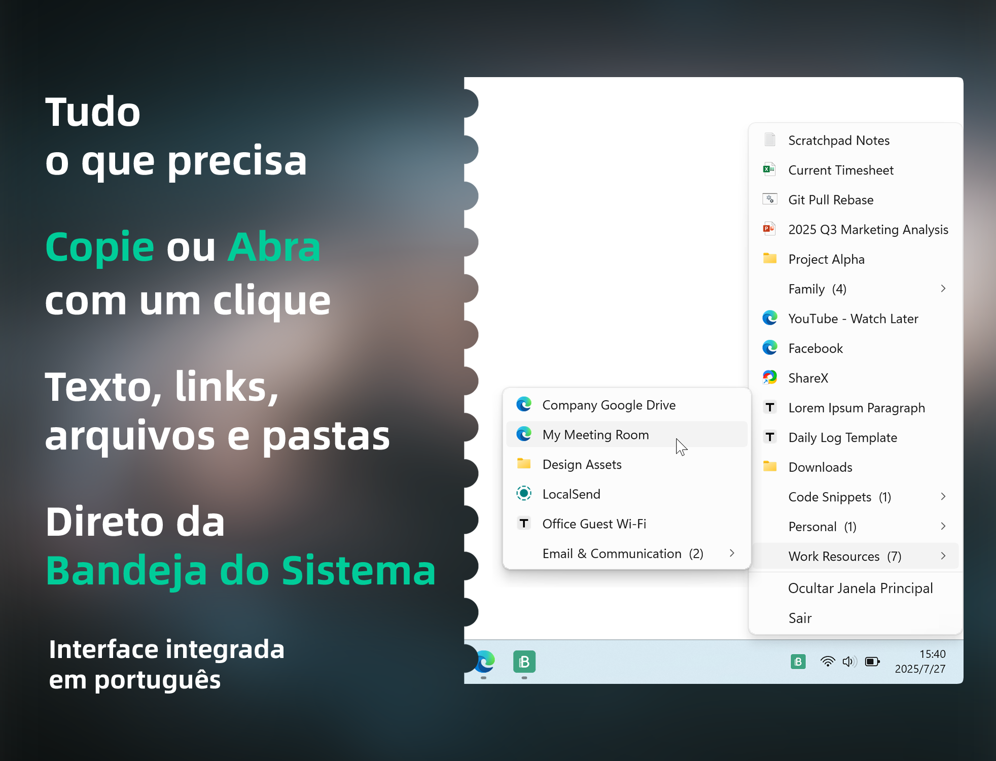 Área do Menu da Bandeja do Sistema Beekmark